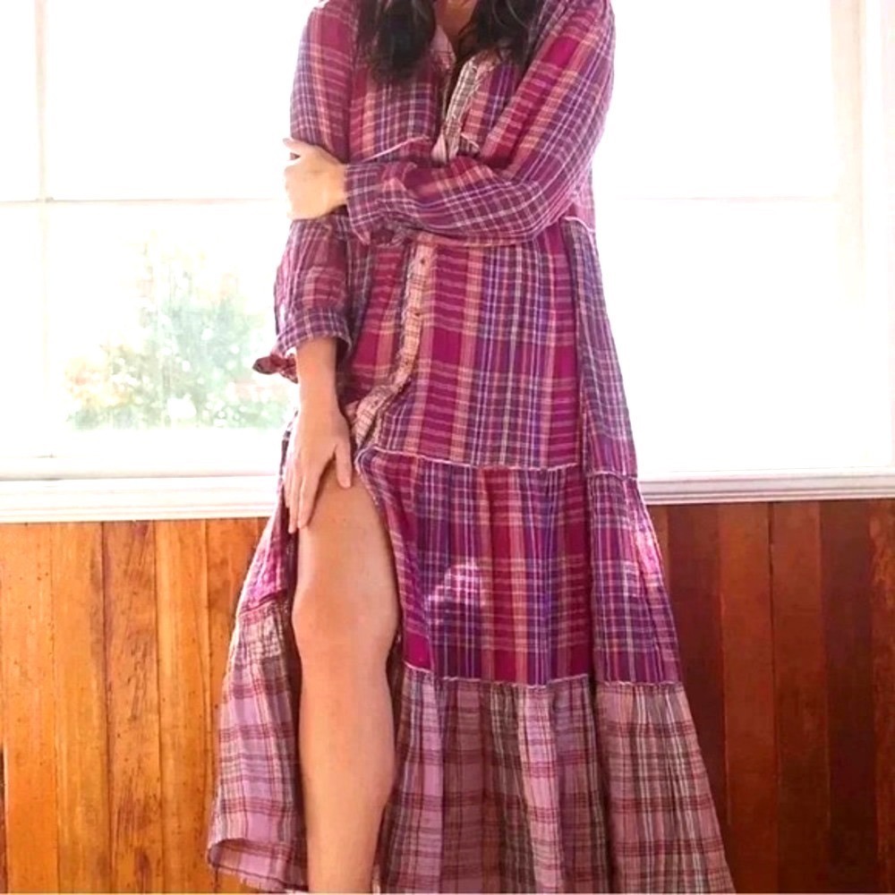 Anthropologie lagenlook fairycore forest whimsy XXS Tiered Plaid Maxi Dress boho